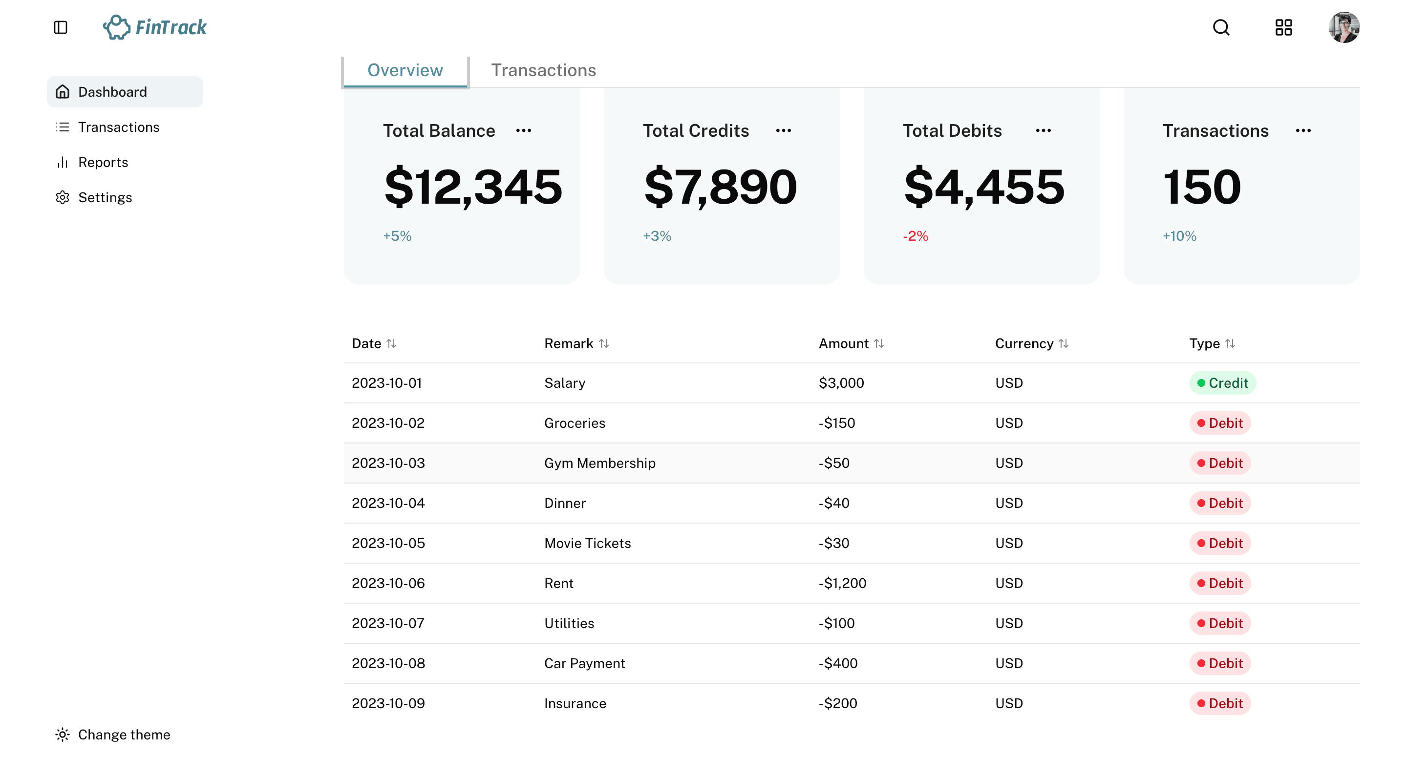 Fintrack transactions view