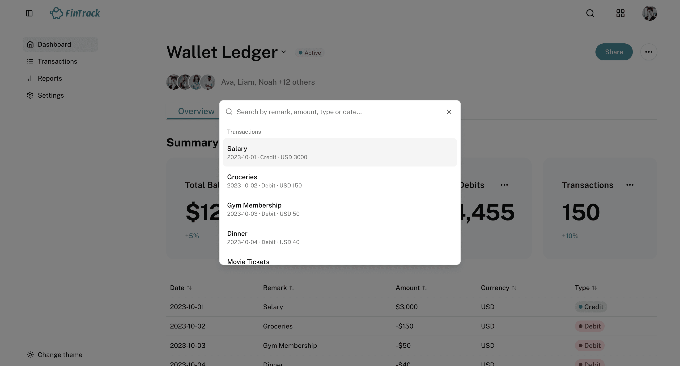 Fintrack search and filters