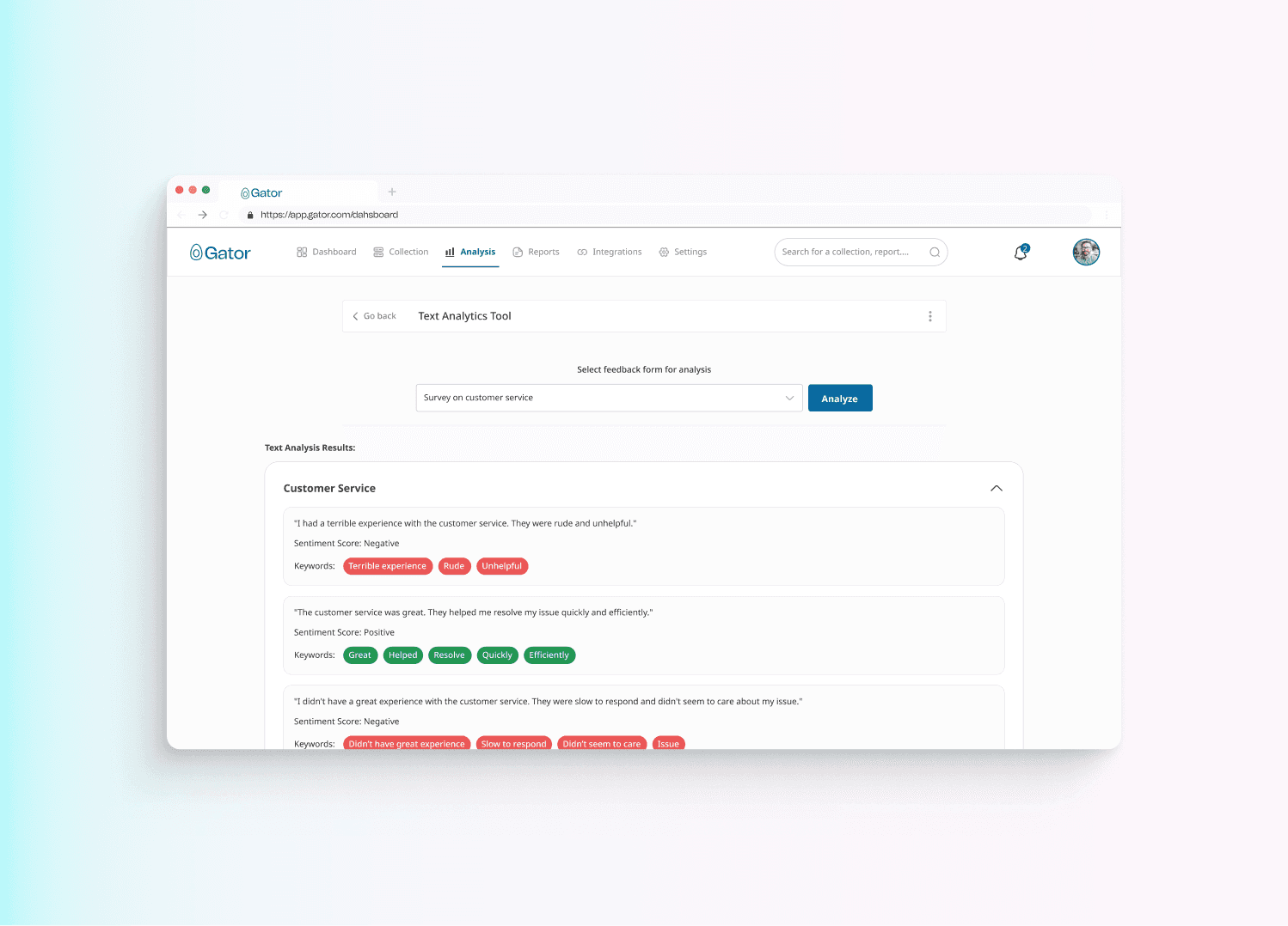Gator text analytics screen