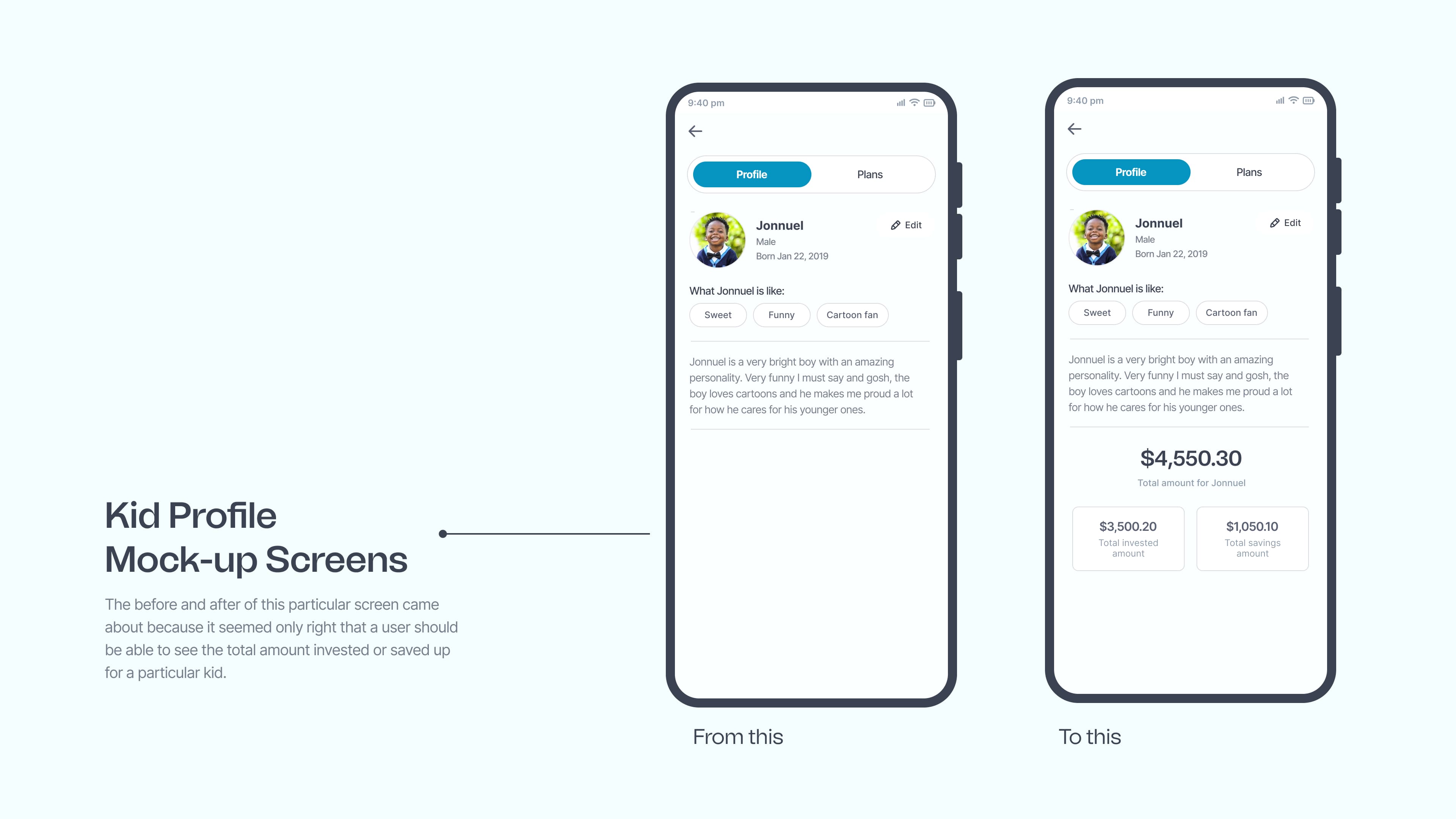 Kid profile mockups (before/after)