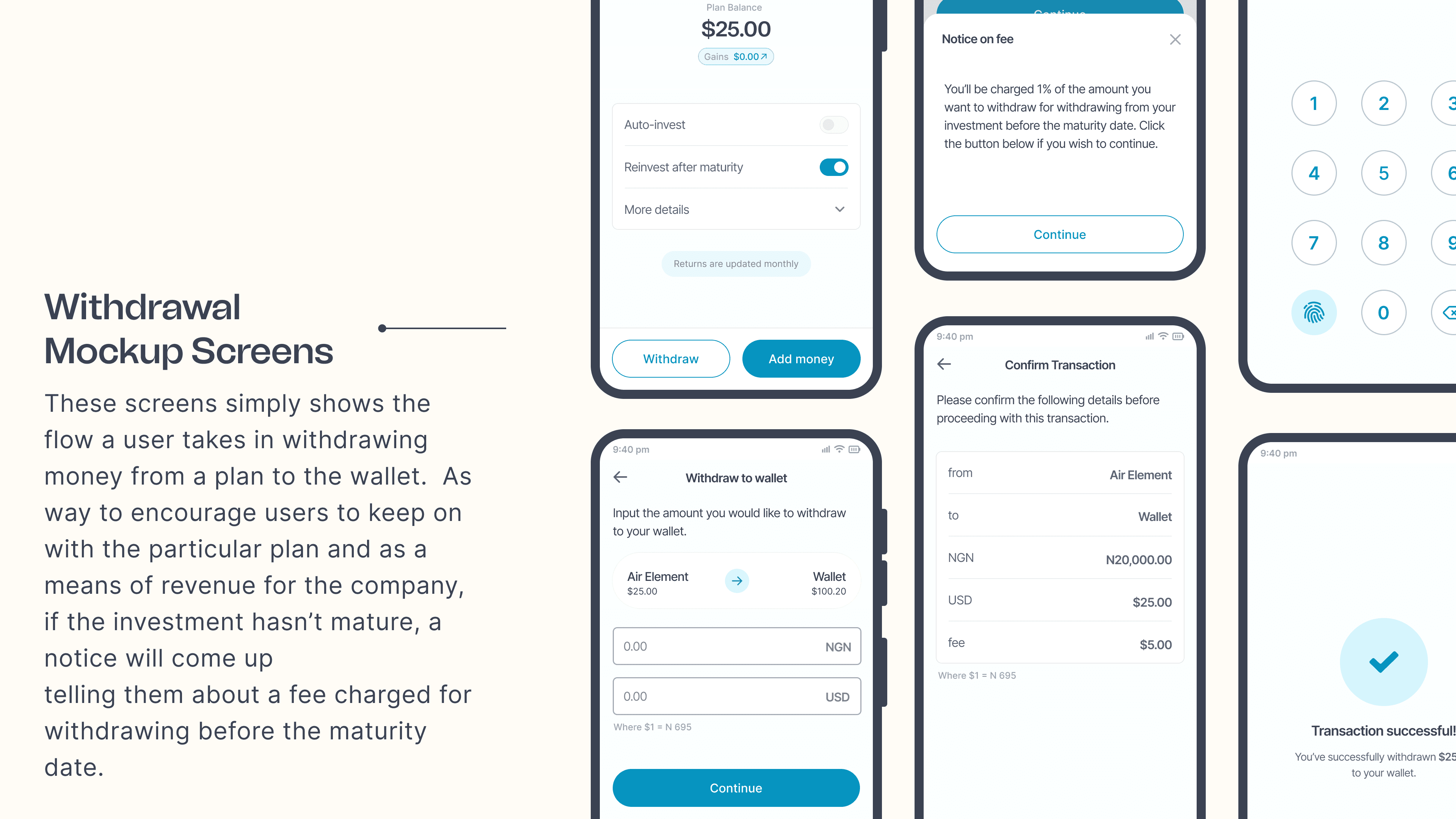 Withdrawal mockup screens