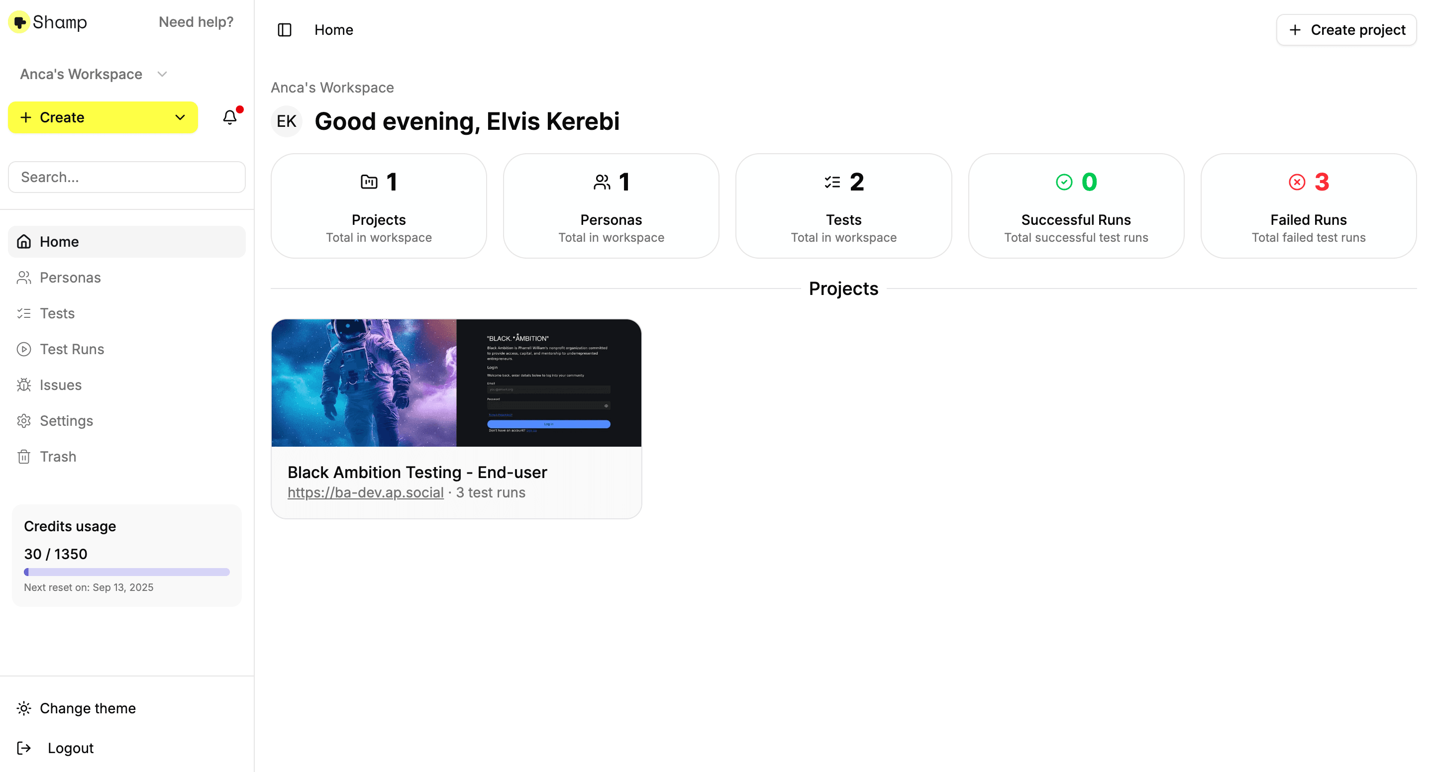 Shamp home dashboard